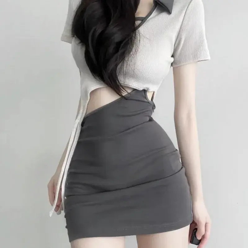 Sexy Spicy Girl Hollow out Waist Bared Fake Two-Piece Dress Women Pure Desire Sweet Cool Collar Tie Color Block Short Wrap aroun