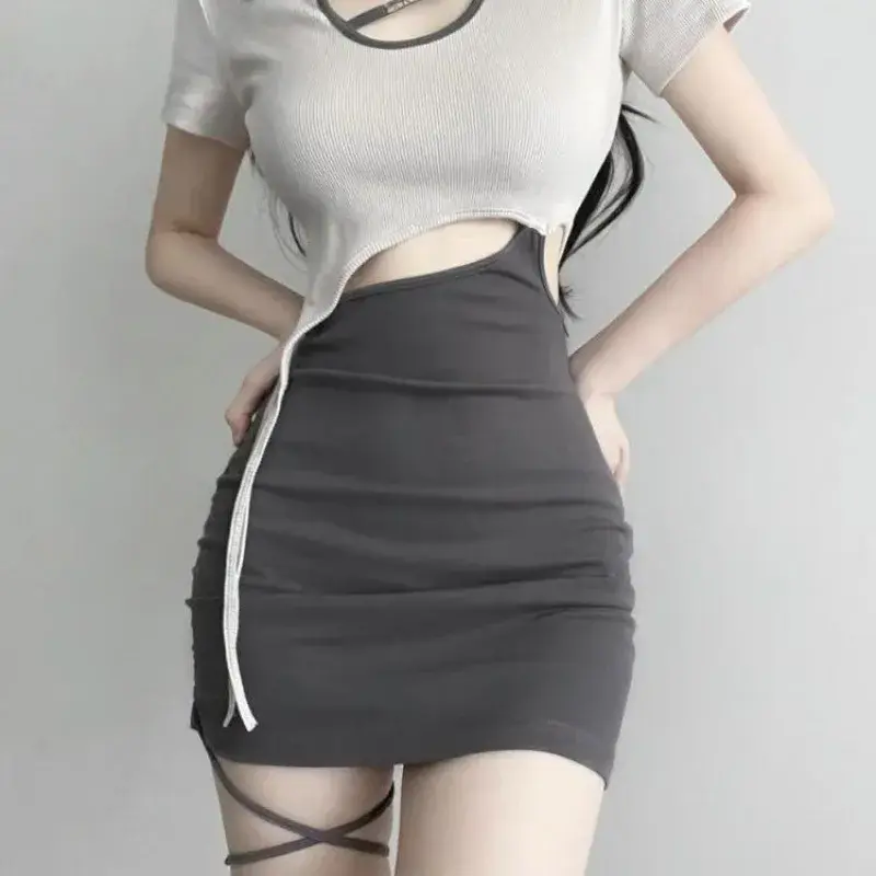 Sexy Spicy Girl Hollow out Waist Bared Fake Two-Piece Dress Women Pure Desire Sweet Cool Collar Tie Color Block Short Wrap aroun
