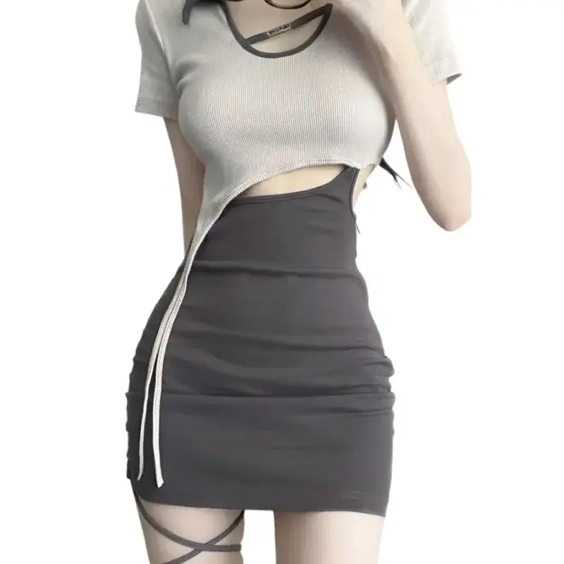Sexy Spicy Girl Hollow out Waist Bared Fake Two-Piece Dress Women Pure Desire Sweet Cool Collar Tie Color Block Short Wrap aroun