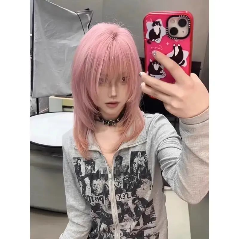 Fashionable Short Straight Pink Fringe Wig Women's Layered Hair Full Head Covering Elegant Chignon Hair Extension