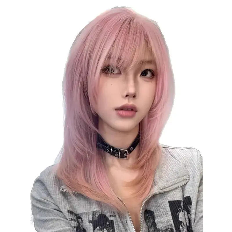 Fashionable Short Straight Pink Fringe Wig Women's Layered Hair Full Head Covering Elegant Chignon Hair Extension