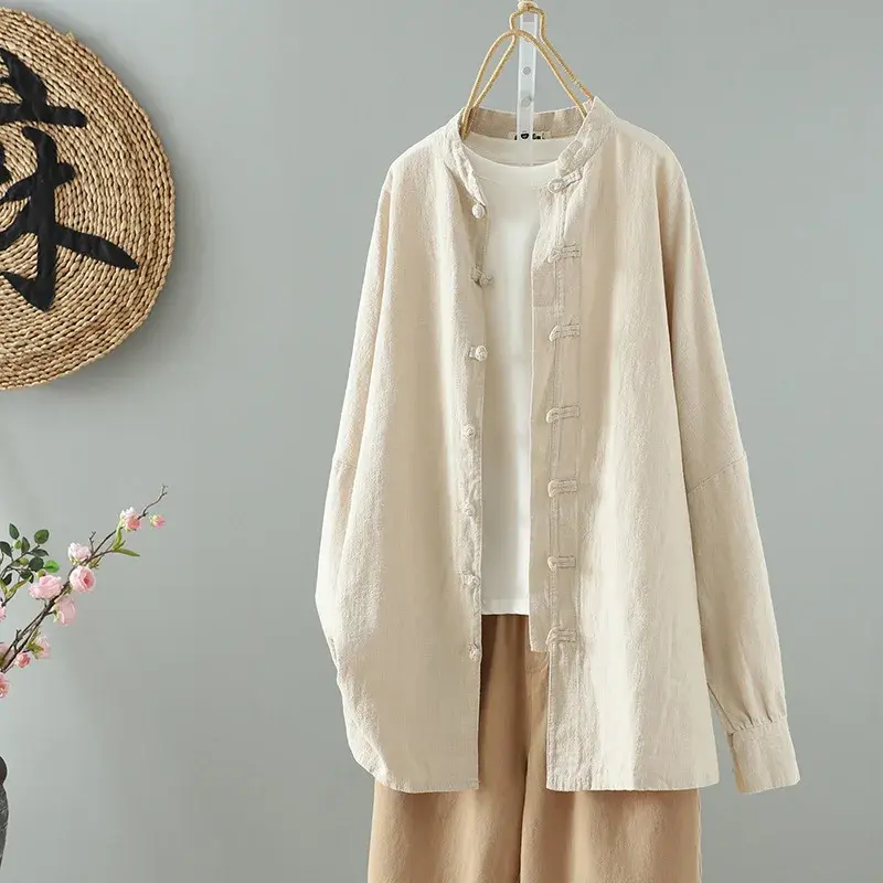 Spring New Retro Chinese Design Cotton Linen Long Sleeve Women's Shirt Button Tea Costume Elegant Fashionable Business Casual