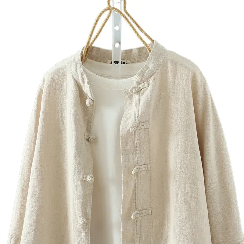 Spring New Retro Chinese Design Cotton Linen Long Sleeve Women's Shirt Button Tea Costume Elegant Fashionable Business Casual