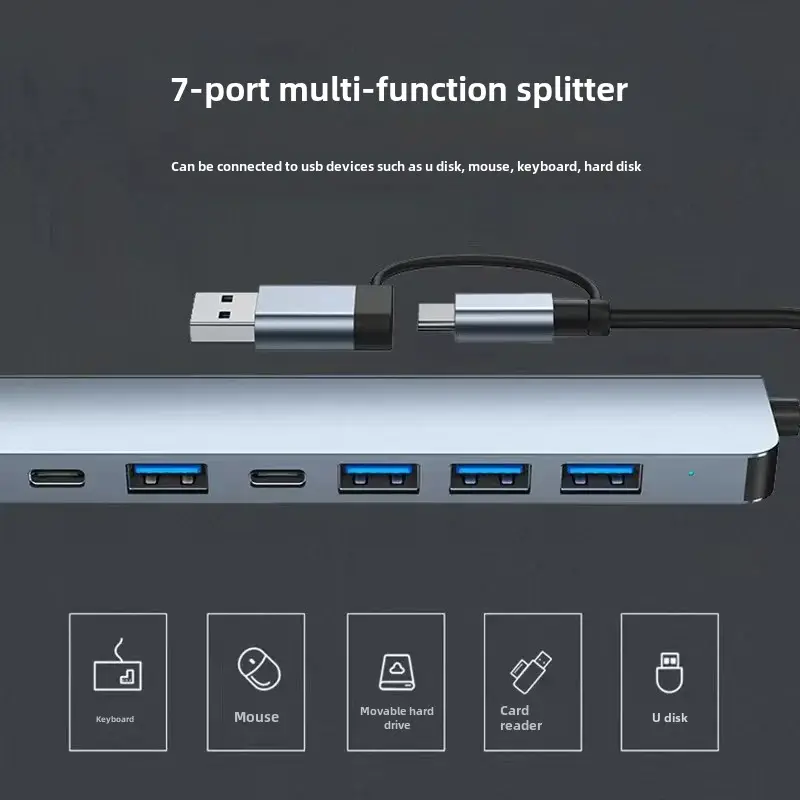 Two-In-One 7-Port USB3.0 Expansion Dock Splitter Computer Laptop USB3.0 Hub Motorcycle Electronic Accessories