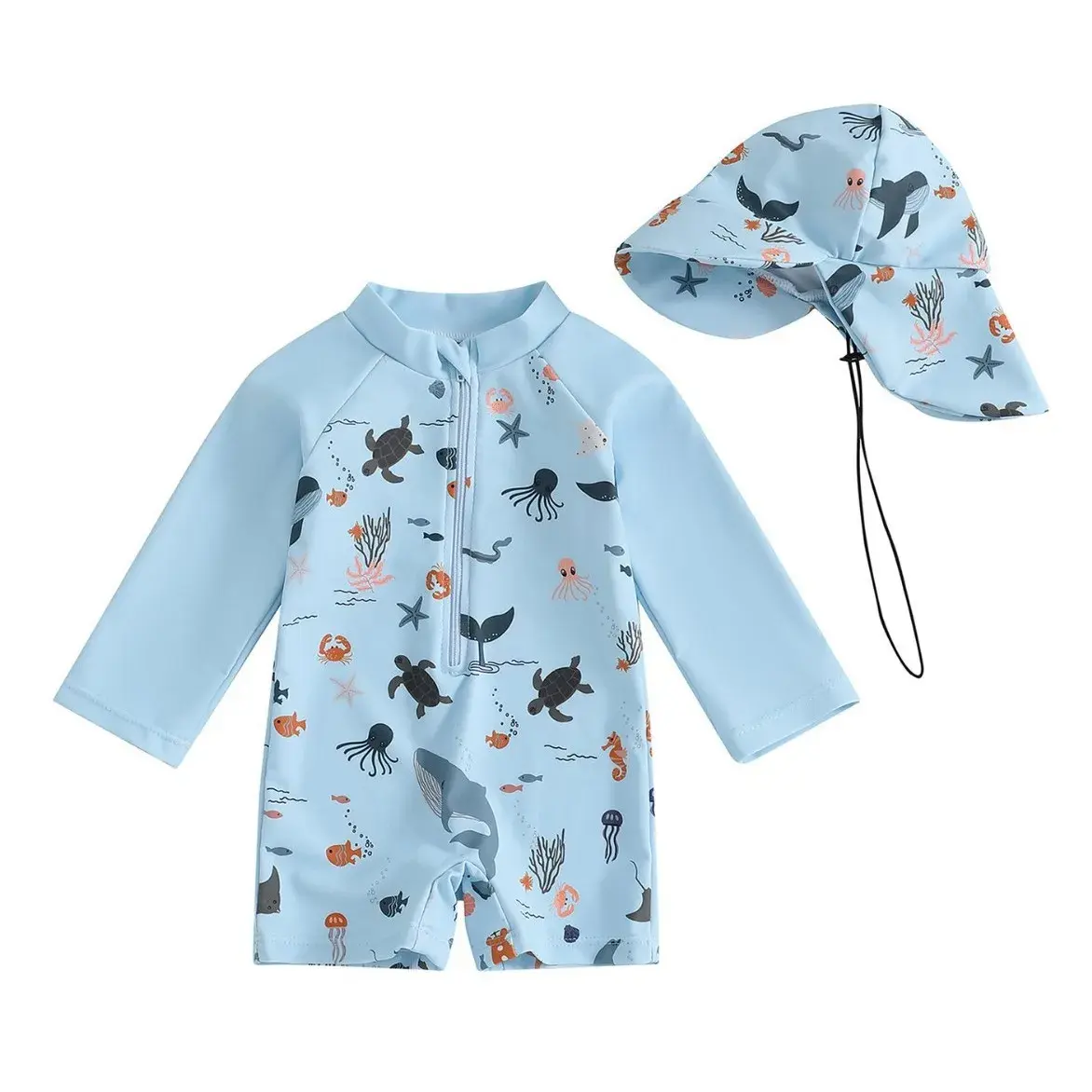 Long Sleeve One-Piece Swimsuit for Children with Hat 70-80-90-100-110-120 Sizes Available Comfortable And Durable Sportswear