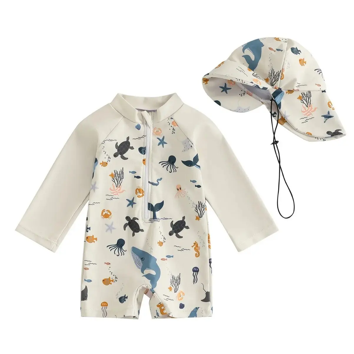 Long Sleeve One-Piece Swimsuit for Children with Hat 70-80-90-100-110-120 Sizes Available Comfortable And Durable Sportswear