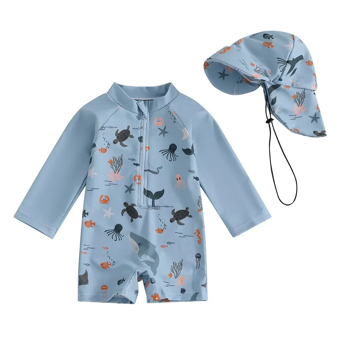 Long Sleeve One-Piece Swimsuit for Children with Hat 70-80-90-100-110-120 Sizes Available Comfortable And Durable Sportswear