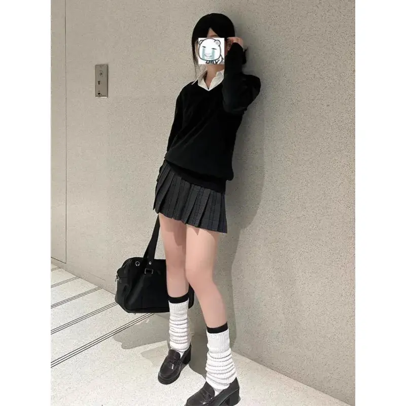 Women's V-Neck Knitted Sweater Long Sleeve Overlap JK Uniform Vest Autumn Winter Black College Style Layering Outerwear