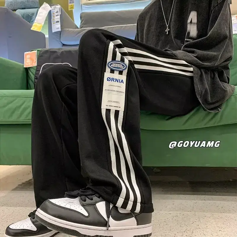 American Style Men's Trendy Spring Autumn Winter Fleece-Lined Casual Straight-Leg Wide-Leg Student Punk Sports Long Pants