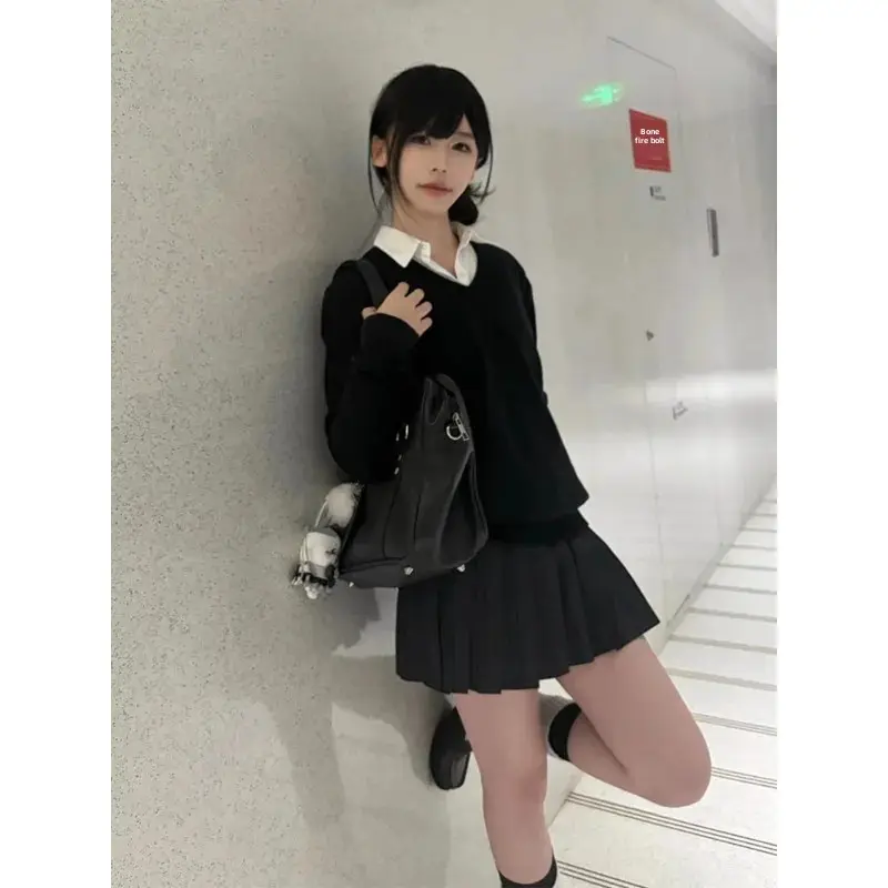 Women's V-Neck Knitted Sweater Long Sleeve Overlap JK Uniform Vest Autumn Winter Black College Style Layering Outerwear