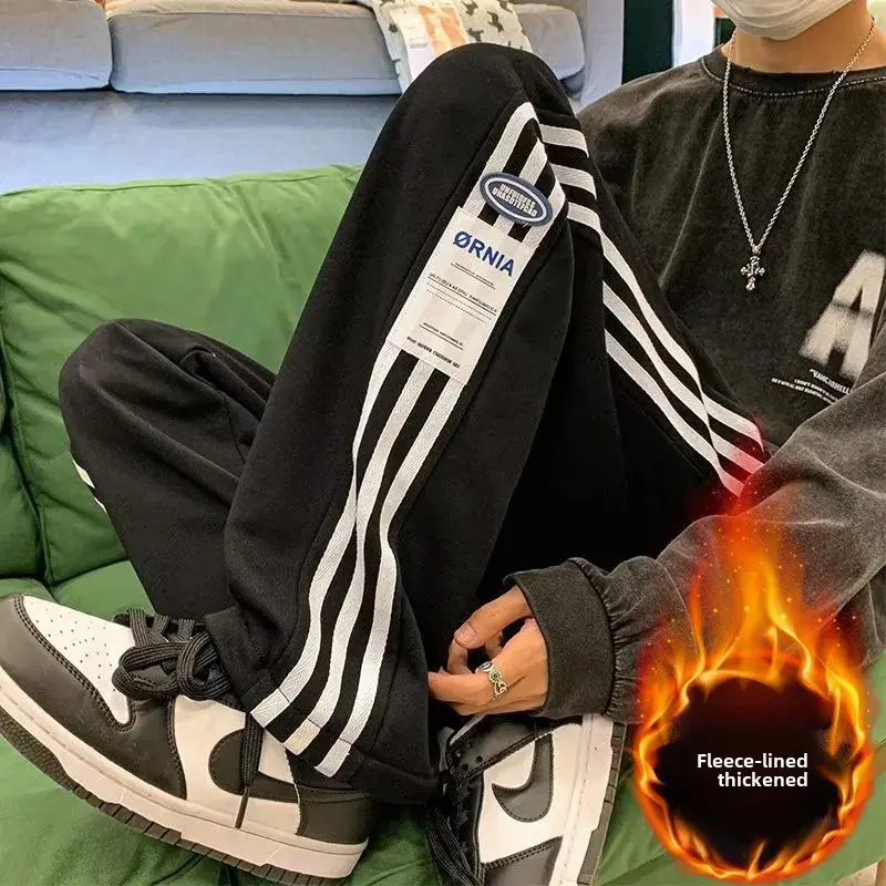 American Style Men's Trendy Spring Autumn Winter Fleece-Lined Casual Straight-Leg Wide-Leg Student Punk Sports Long Pants