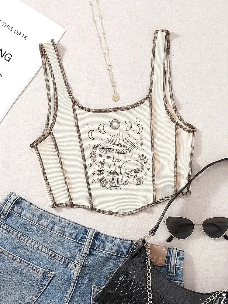 Summer Women Slim Fit Irregular Chest Enhancing Printed Tank Top Strapless Bralette Streetwear Cotton Polyester Blend
