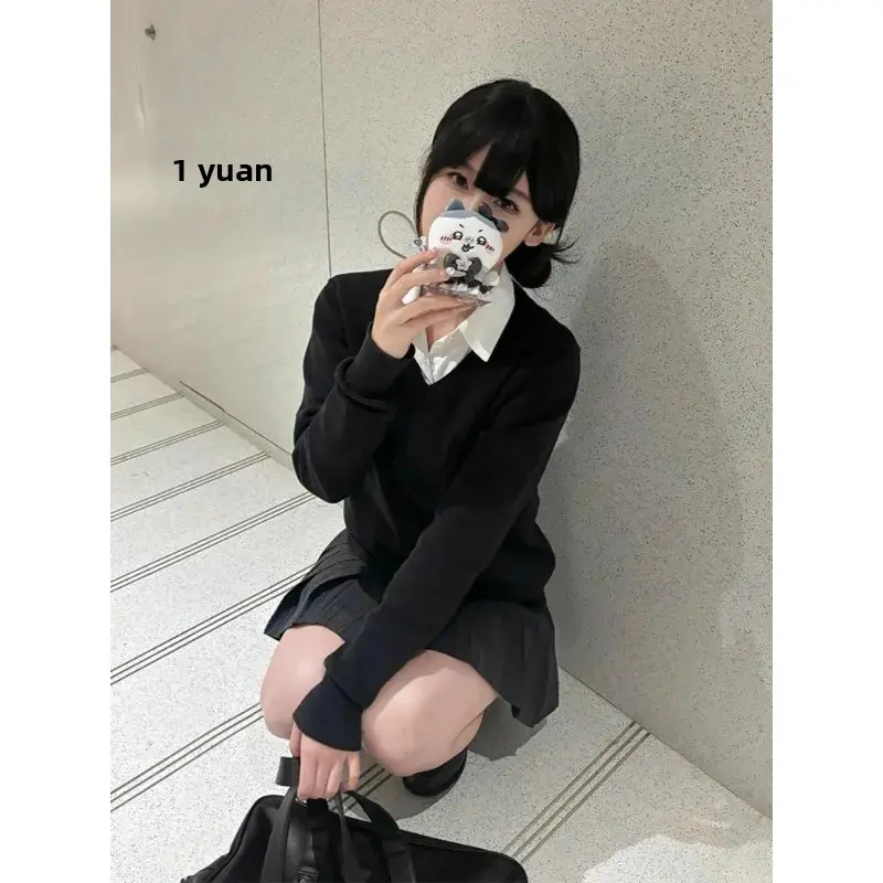 Women's V-Neck Knitted Sweater Long Sleeve Overlap JK Uniform Vest Autumn Winter Black College Style Layering Outerwear