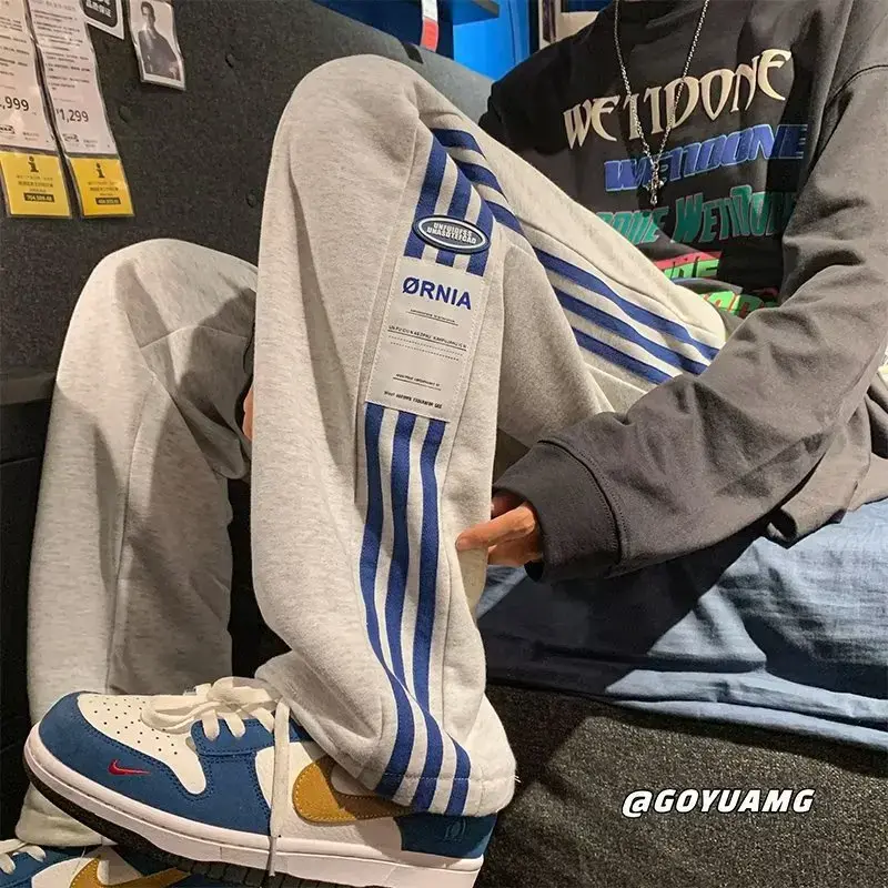 American Style Men's Trendy Spring Autumn Winter Fleece-Lined Casual Straight-Leg Wide-Leg Student Punk Sports Long Pants