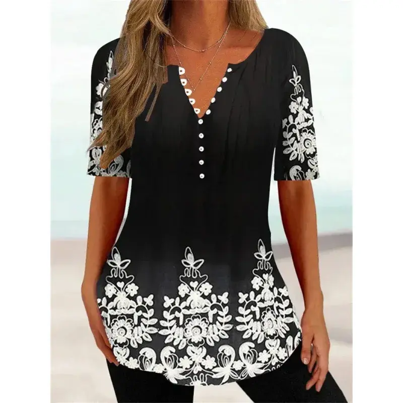 Summer 2023 Women's Digital Print V-neck Short Sleeve T-shirt Button Detail Polyester Fiber Independent Station New Arrival