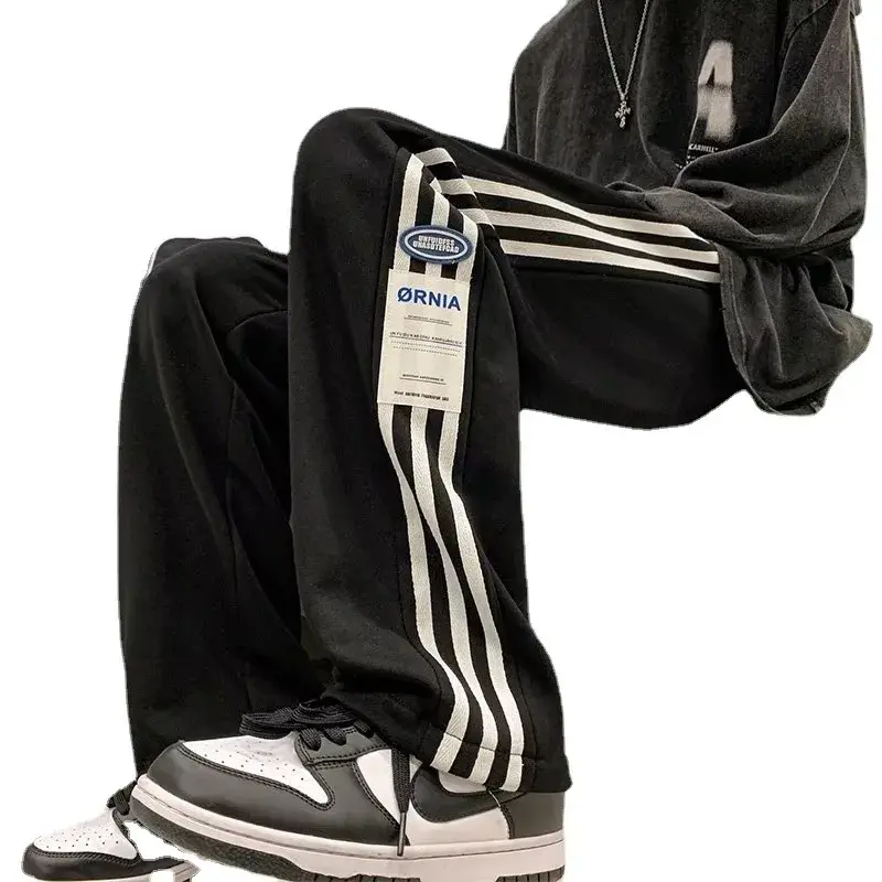 American Style Men's Trendy Spring Autumn Winter Fleece-Lined Casual Straight-Leg Wide-Leg Student Punk Sports Long Pants