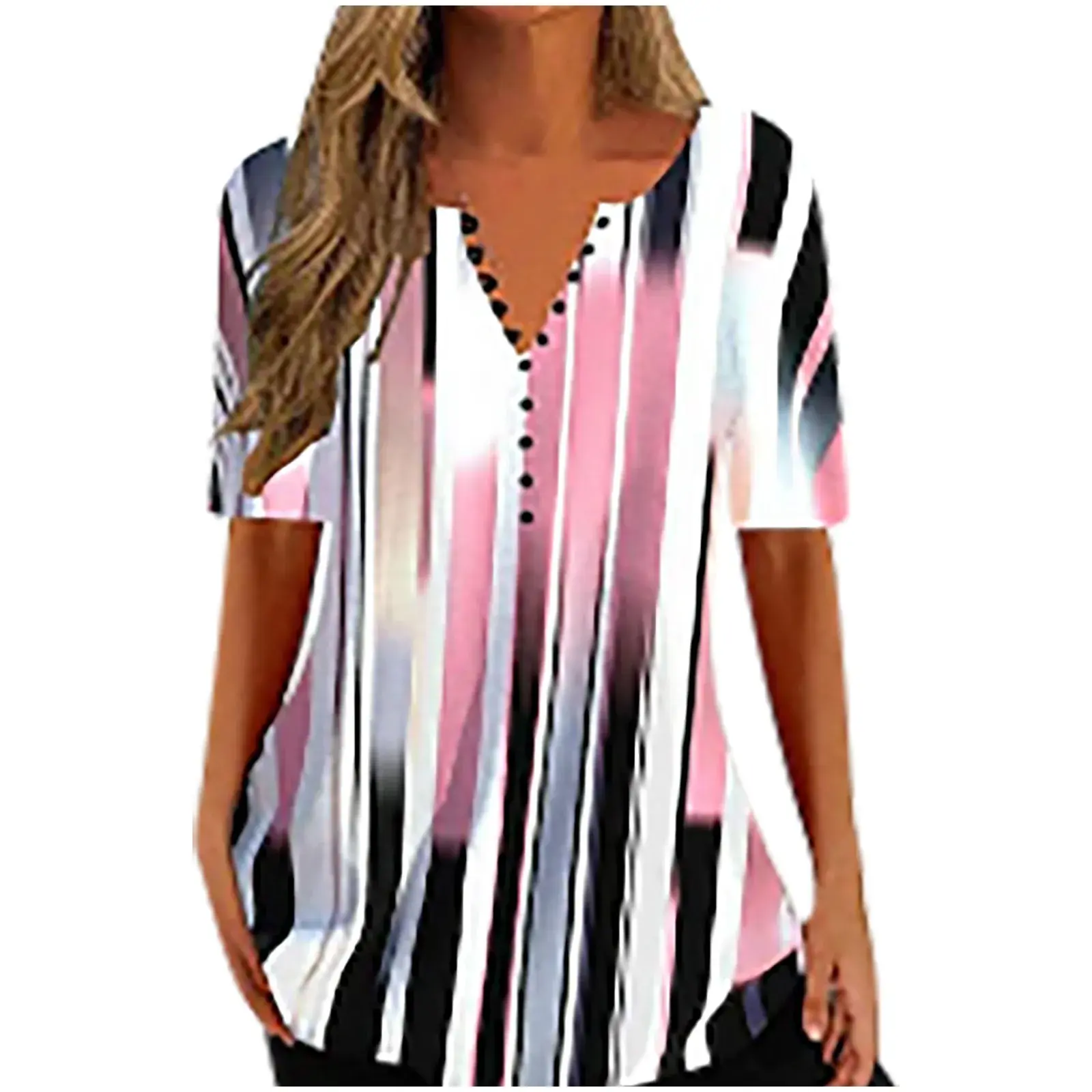 Summer 2023 Women's Digital Print V-neck Short Sleeve T-shirt Button Detail Polyester Fiber Independent Station New Arrival