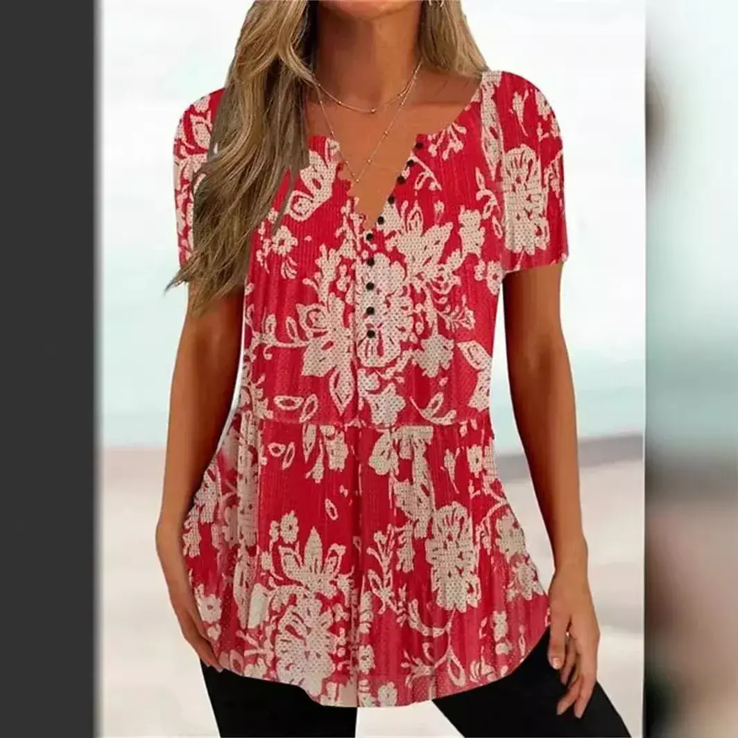 Summer 2023 Women's Digital Print V-neck Short Sleeve T-shirt Button Detail Polyester Fiber Independent Station New Arrival
