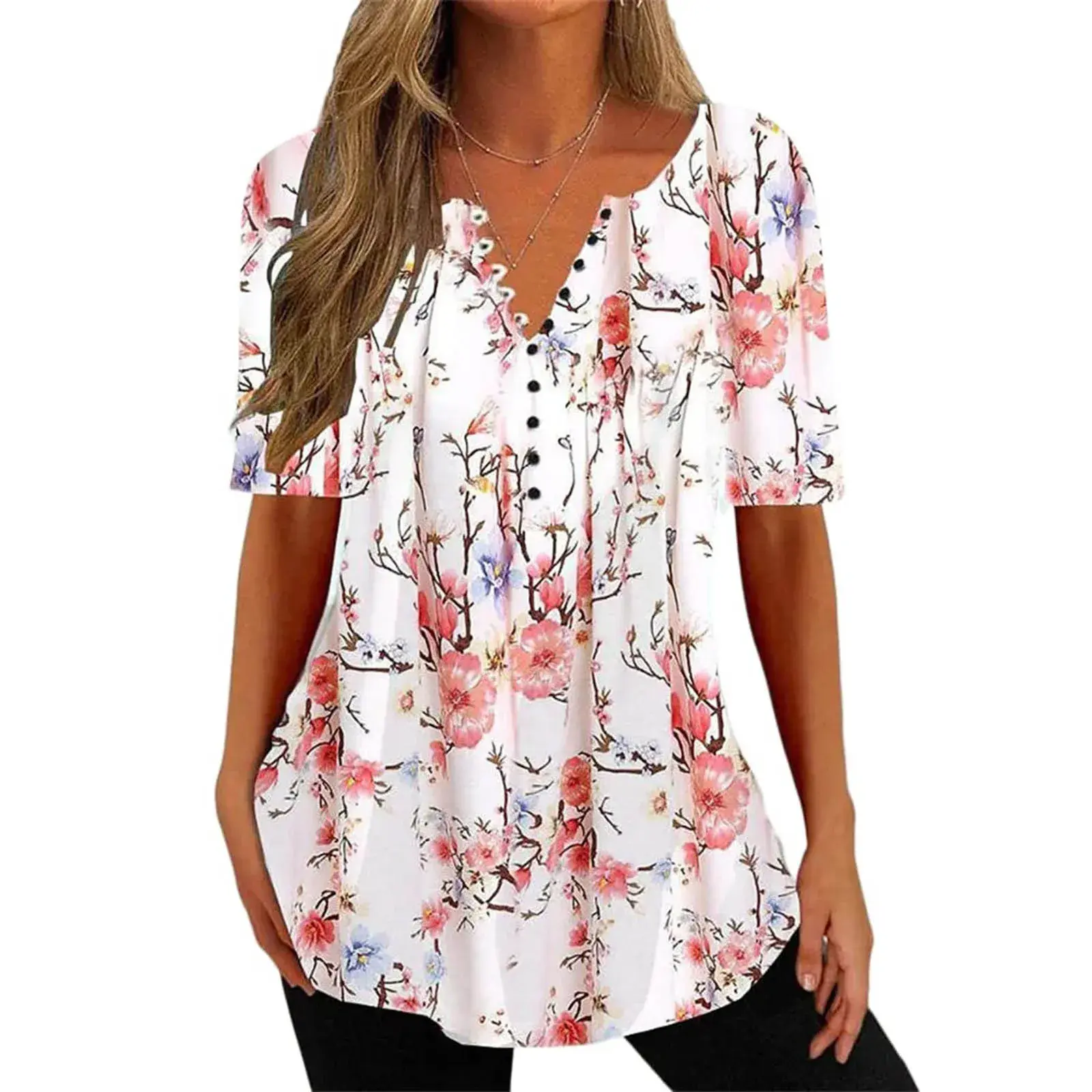 Summer 2023 Women's Digital Print V-neck Short Sleeve T-shirt Button Detail Polyester Fiber Independent Station New Arrival