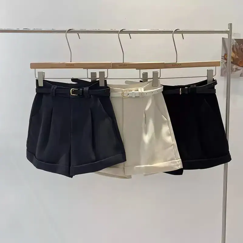 Khaki Color Business Style Women's Short Pants High Waist Wide Leg Roll up Casual Summer New Arrival Slimming Effect