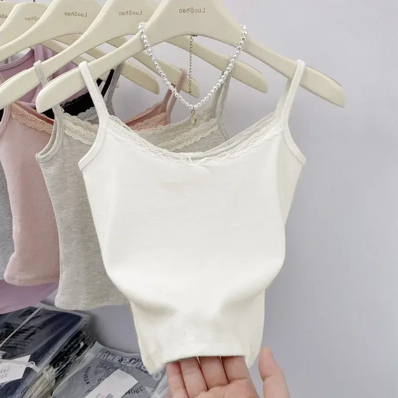 White Lace Strap Vest Women Summer Inner Wear Short Style Base Top Outerwear Butterfly Knot Decoration Pure Desire New Arrival