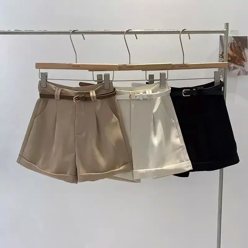 Khaki Color Business Style Women's Short Pants High Waist Wide Leg Roll up Casual Summer New Arrival Slimming Effect