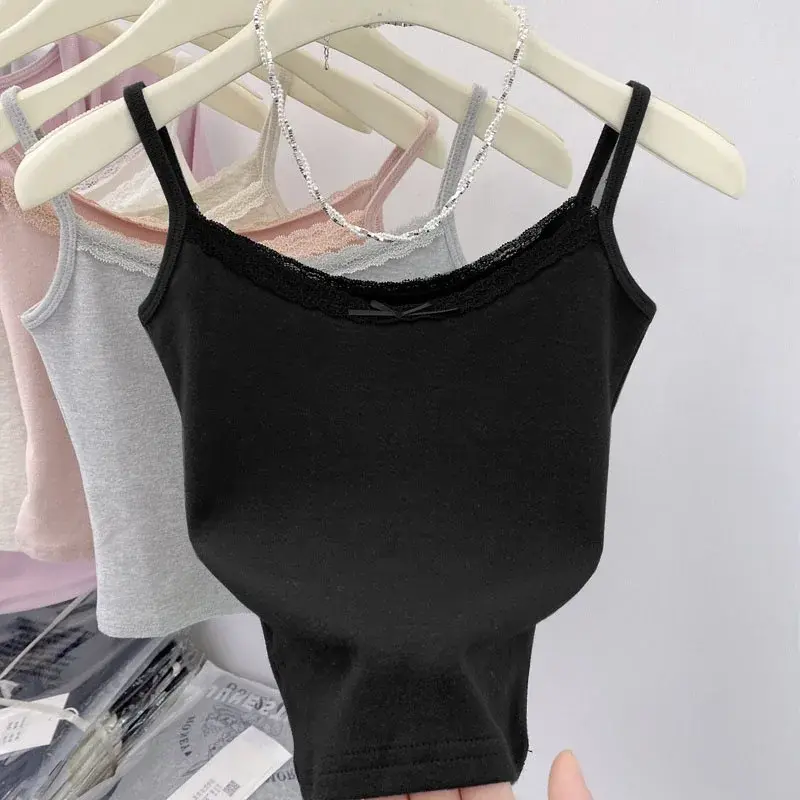 White Lace Strap Vest Women Summer Inner Wear Short Style Base Top Outerwear Butterfly Knot Decoration Pure Desire New Arrival