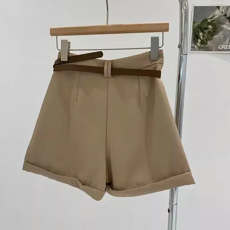 Khaki Color Business Style Women's Short Pants High Waist Wide Leg Roll up Casual Summer New Arrival Slimming Effect