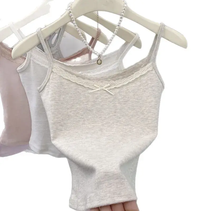 White Lace Strap Vest Women Summer Inner Wear Short Style Base Top Outerwear Butterfly Knot Decoration Pure Desire New Arrival