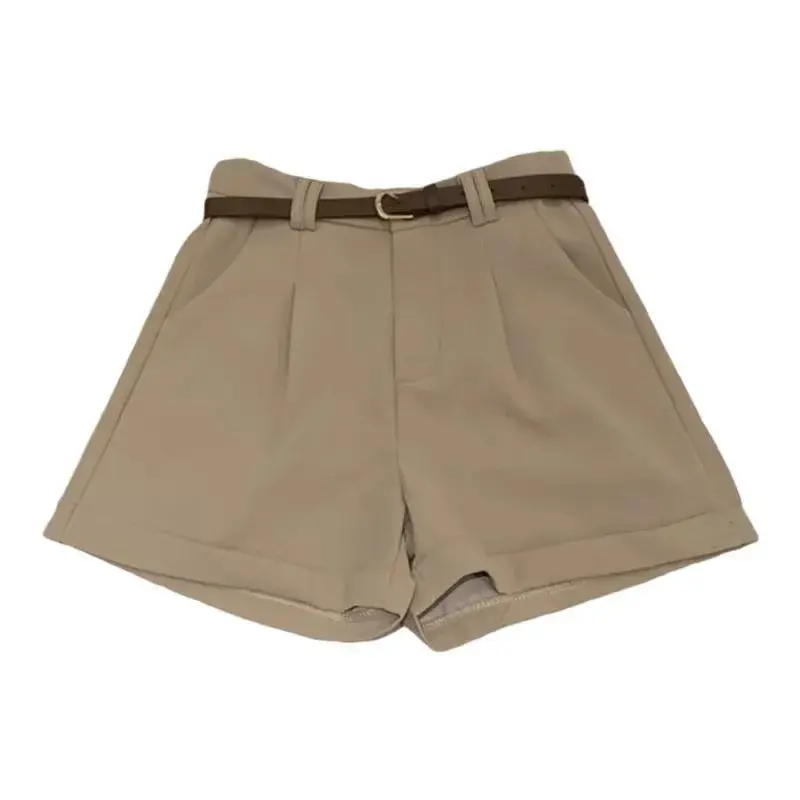 Khaki Color Business Style Women's Short Pants High Waist Wide Leg Roll up Casual Summer New Arrival Slimming Effect