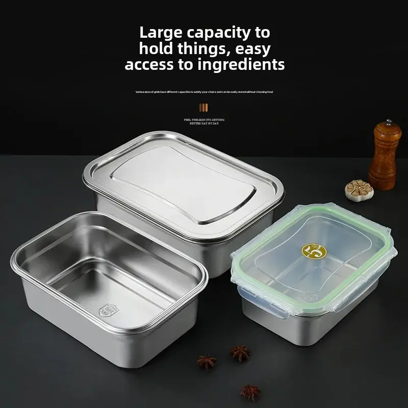 Large Capacity 316 Stainless Steel Food Preservation Box Commercial Use With Lid Refrigerator Sealed Rice Box Storage Container