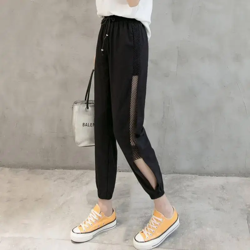 Ice Silk Mesh Sport Pants Women's Summer Thin Casual Harem Seven Points Wide Leg Long Trousers Nine Points Four Seasons