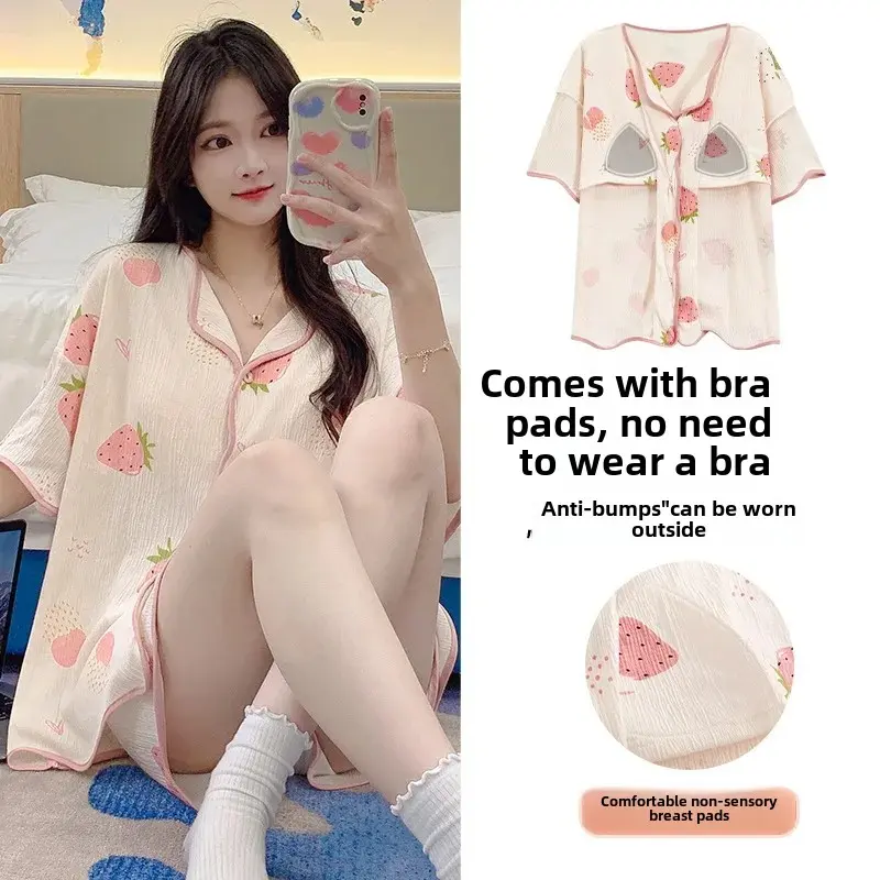 Women's Summer Sleepwear Short Sleeve Cartoon Print Home Clothes Set with Built-In Chest Pad Cardigan Short Pants Integrated