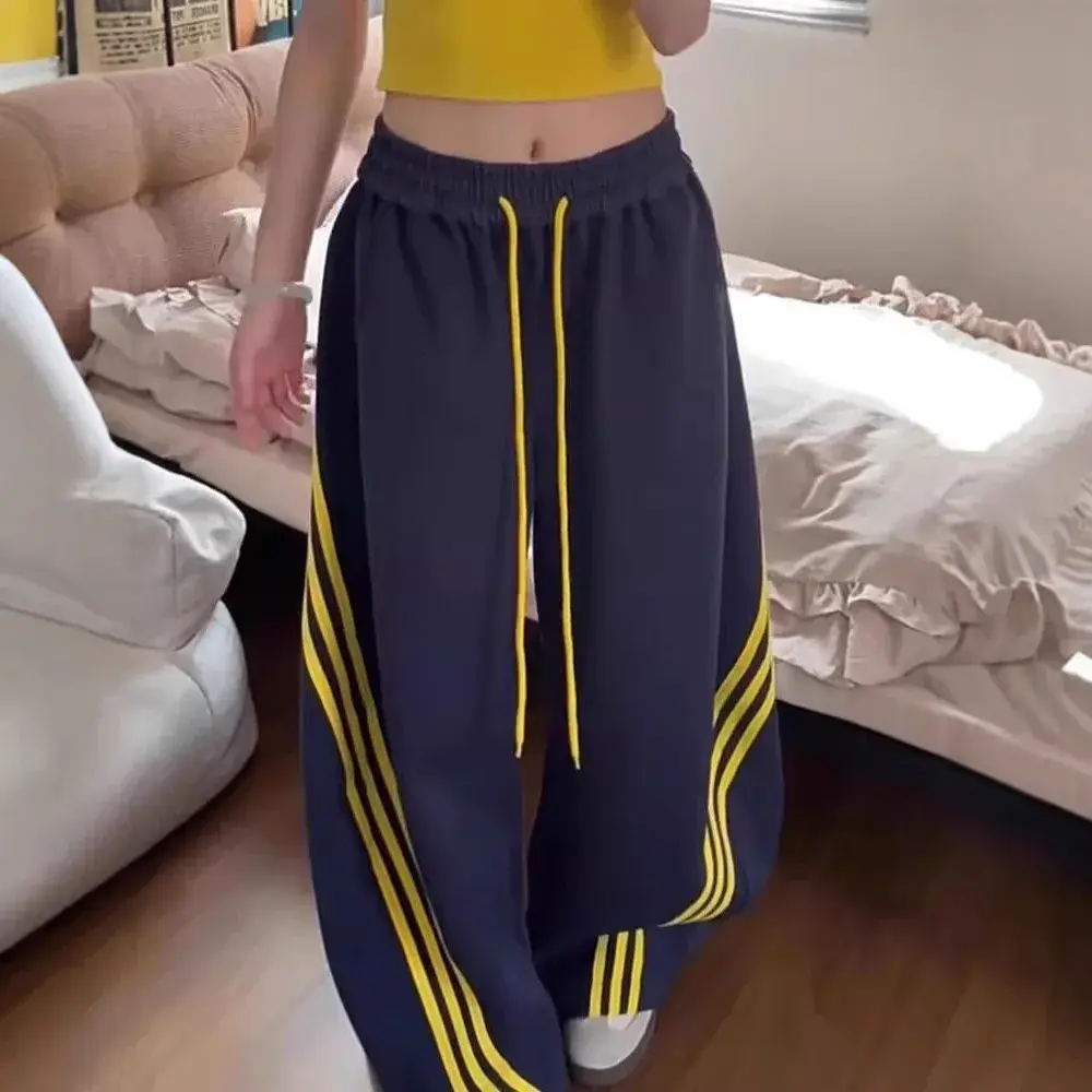 American Retro Three Bars Wide Leg Knife Edge Sweatpants Unisex Casual Sporty Loose Fit Autumn Spring Trendy Brand Long Trousers