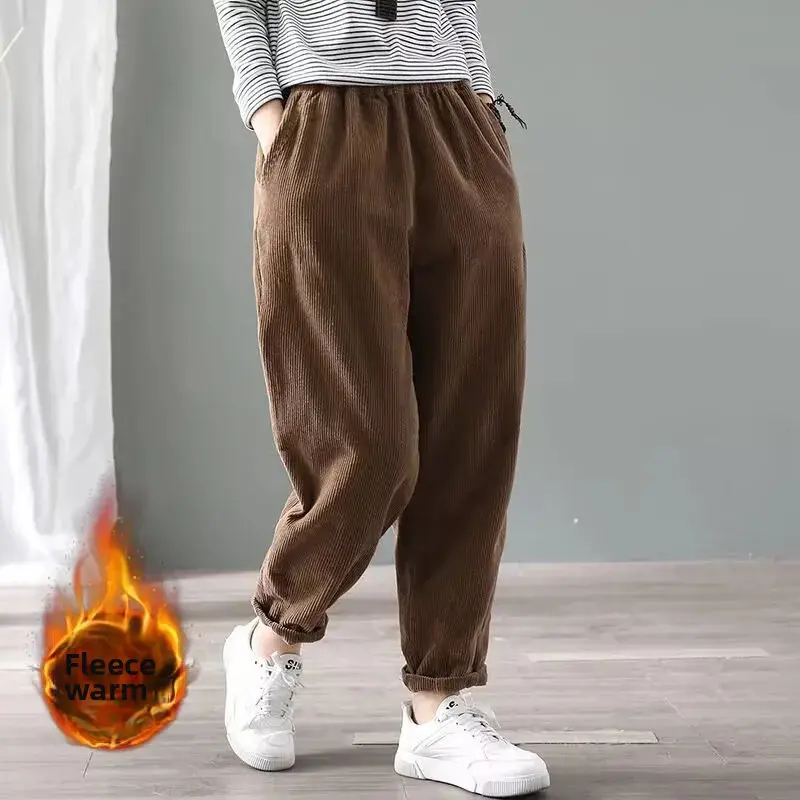 Winter Thickened Large Size Corduroy Fleece Lined Casual Harlan Warm Long Pants Loose Fit Outerwear Versatile Comfortable Trouse