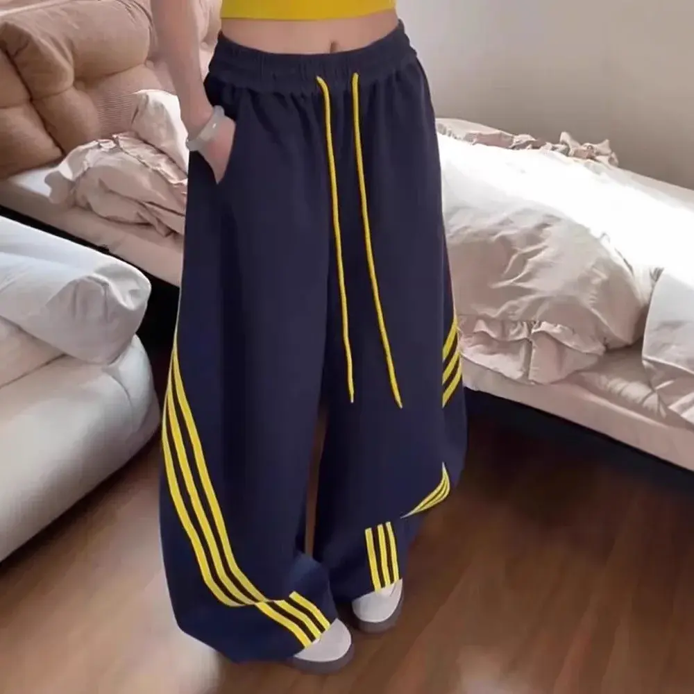 American Retro Three Bars Wide Leg Knife Edge Sweatpants Unisex Casual Sporty Loose Fit Autumn Spring Trendy Brand Long Trousers