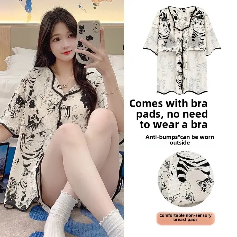 Women's Summer Sleepwear Short Sleeve Cartoon Print Home Clothes Set with Built-In Chest Pad Cardigan Short Pants Integrated