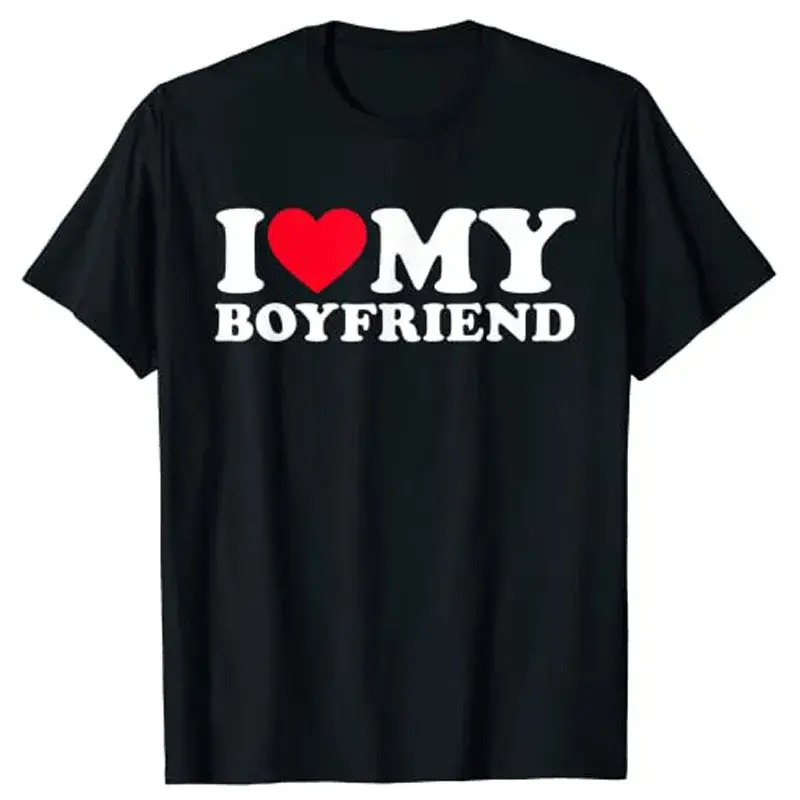 I Love My Boyfriend And Girlfriend T-Shirt Polyester Crew Neck Short Sleeve Decorated With Stickers For Couples