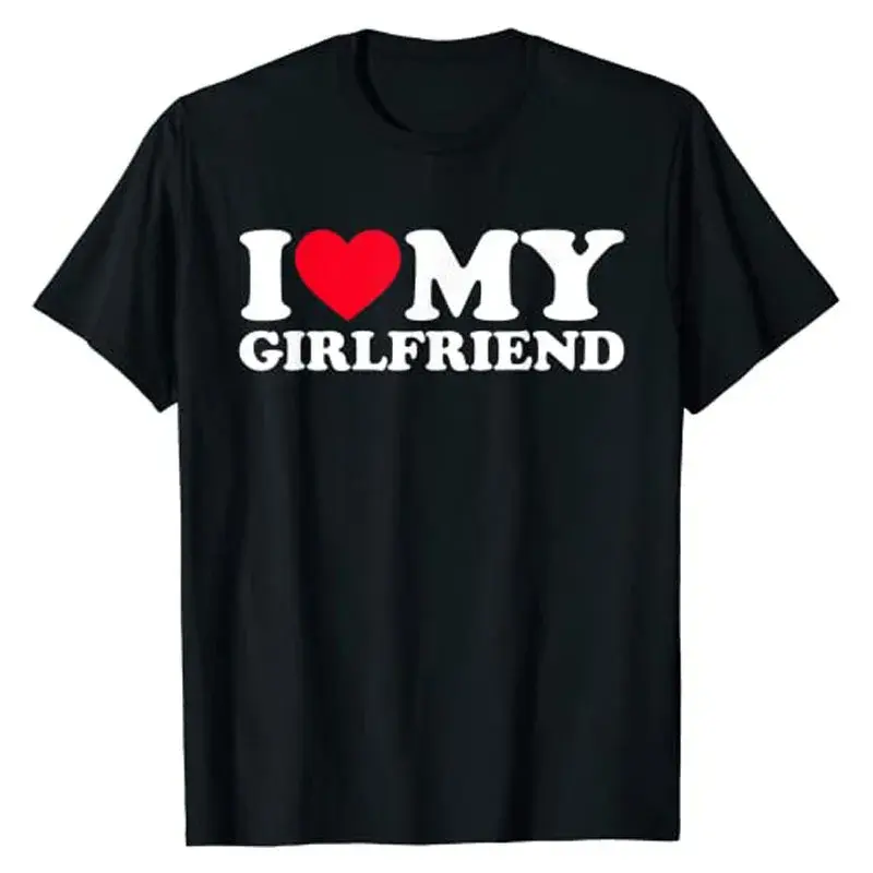 I Love My Boyfriend And Girlfriend T-Shirt Polyester Crew Neck Short Sleeve Decorated With Stickers For Couples