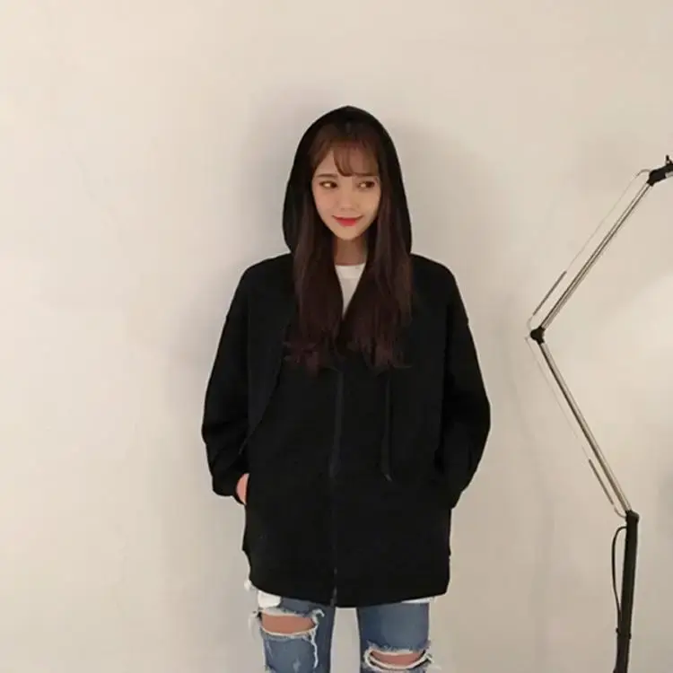 Women's Fleece Lined Hoodie Long Sleeve Loose Fit Autumn Winter Solid Color Jacket Zipper Open Cardigan Trendy Top
