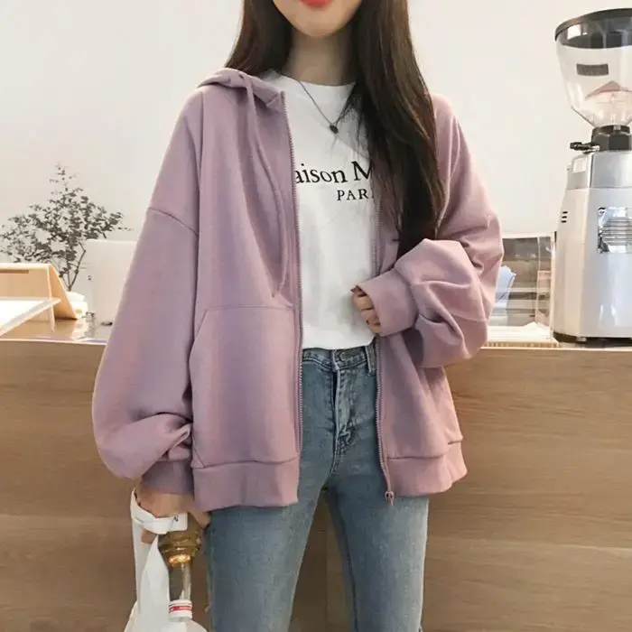 Women's Fleece Lined Hoodie Long Sleeve Loose Fit Autumn Winter Solid Color Jacket Zipper Open Cardigan Trendy Top