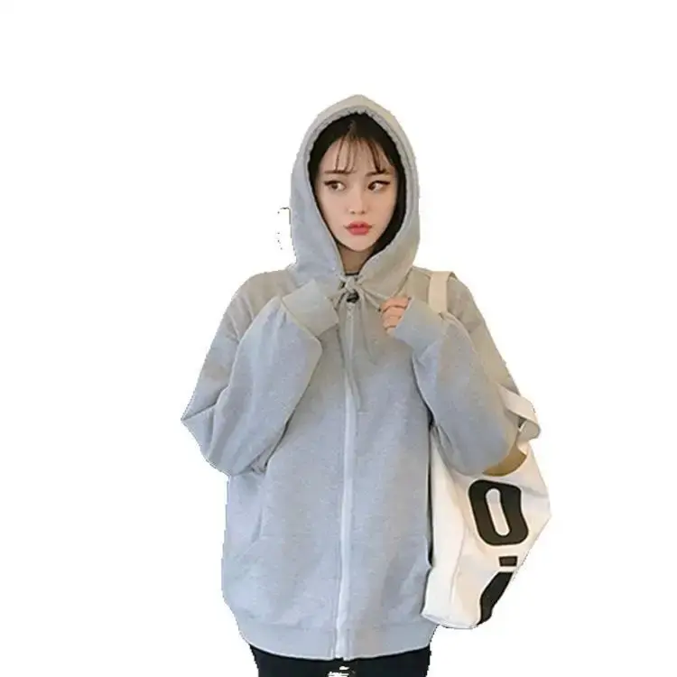 Women's Fleece Lined Hoodie Long Sleeve Loose Fit Autumn Winter Solid Color Jacket Zipper Open Cardigan Trendy Top