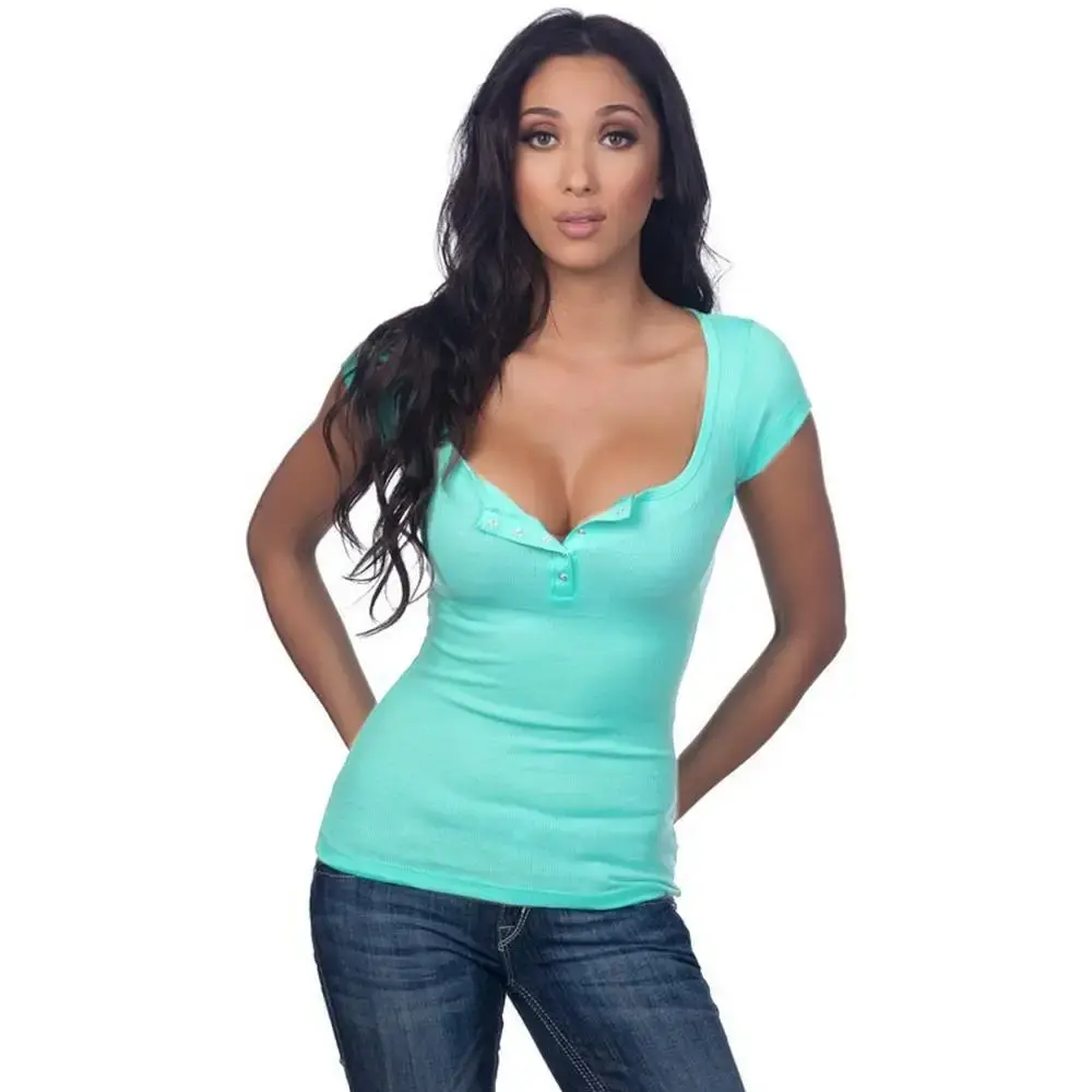 Sexy Large V-neck Solid Color Versatile Short Sleeve T-shirt New Hot Sale WishEBAY Women's Fashion Casual Polyester Top
