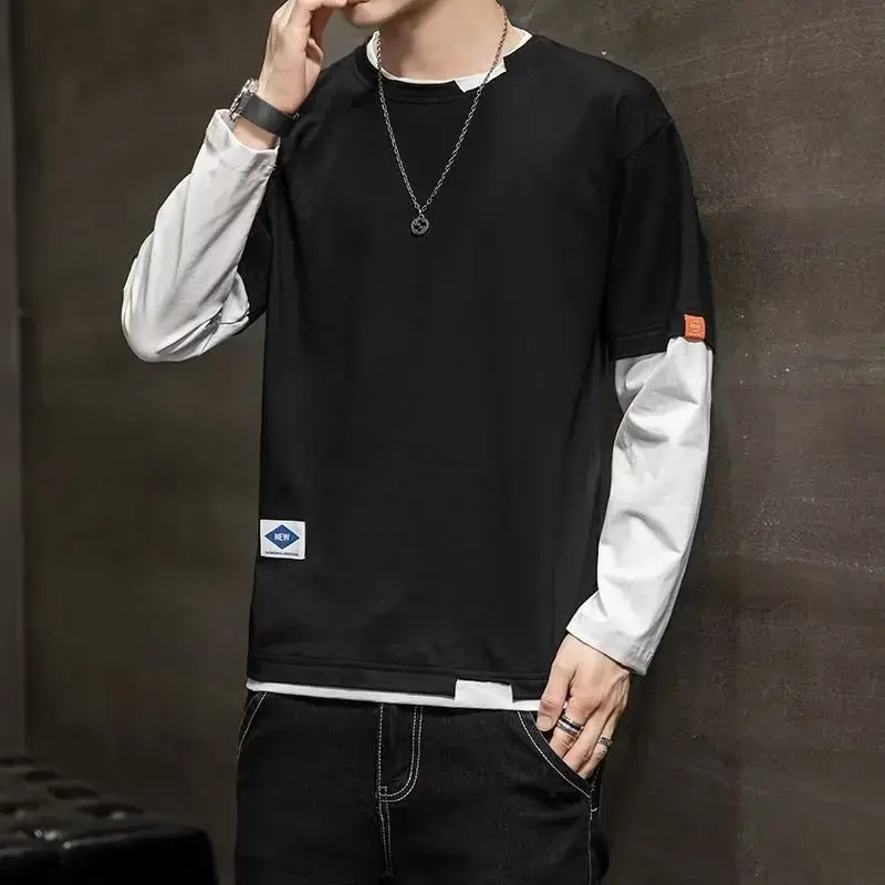 Men's Long Sleeve T-Shirt Base Layer Top Korean Style Two-Piece Illusion Round Neck Slimming Effect Autumn Clothing