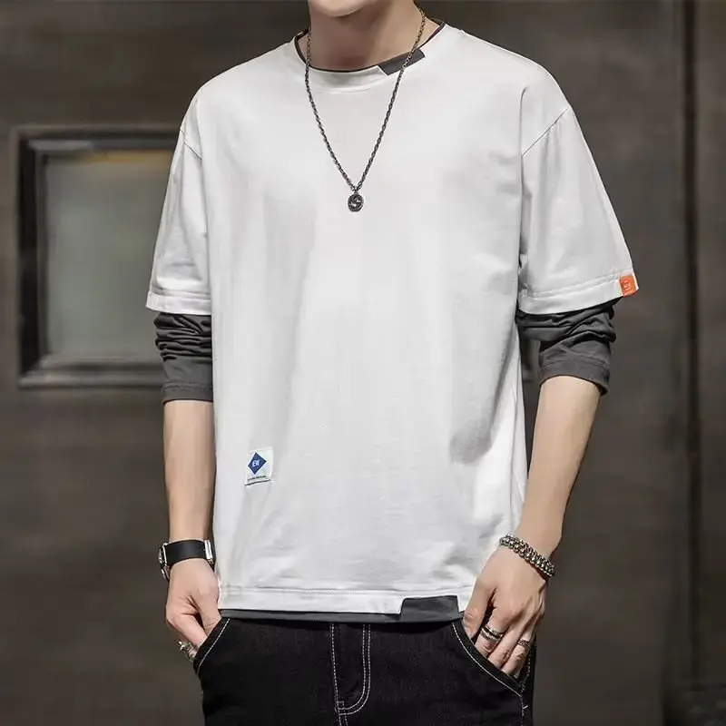 Men's Long Sleeve T-Shirt Base Layer Top Korean Style Two-Piece Illusion Round Neck Slimming Effect Autumn Clothing