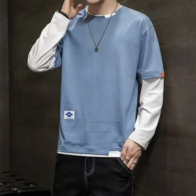 Men's Long Sleeve T-Shirt Base Layer Top Korean Style Two-Piece Illusion Round Neck Slimming Effect Autumn Clothing