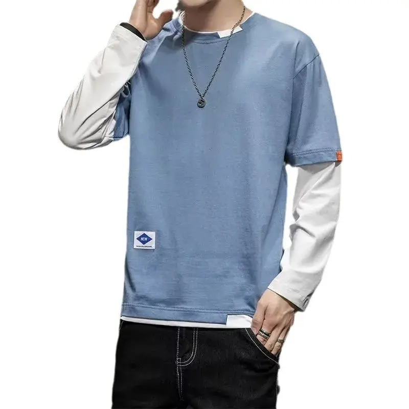 Men's Long Sleeve T-Shirt Base Layer Top Korean Style Two-Piece Illusion Round Neck Slimming Effect Autumn Clothing