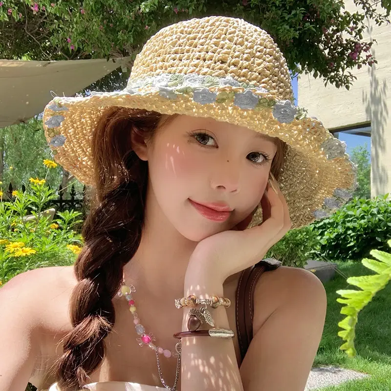 Foldable Straw Fishing Cap Women's Beach Vacation Hat Large Brim Sunshade Mint Wave Flower Woven Hat UV Protection Hat