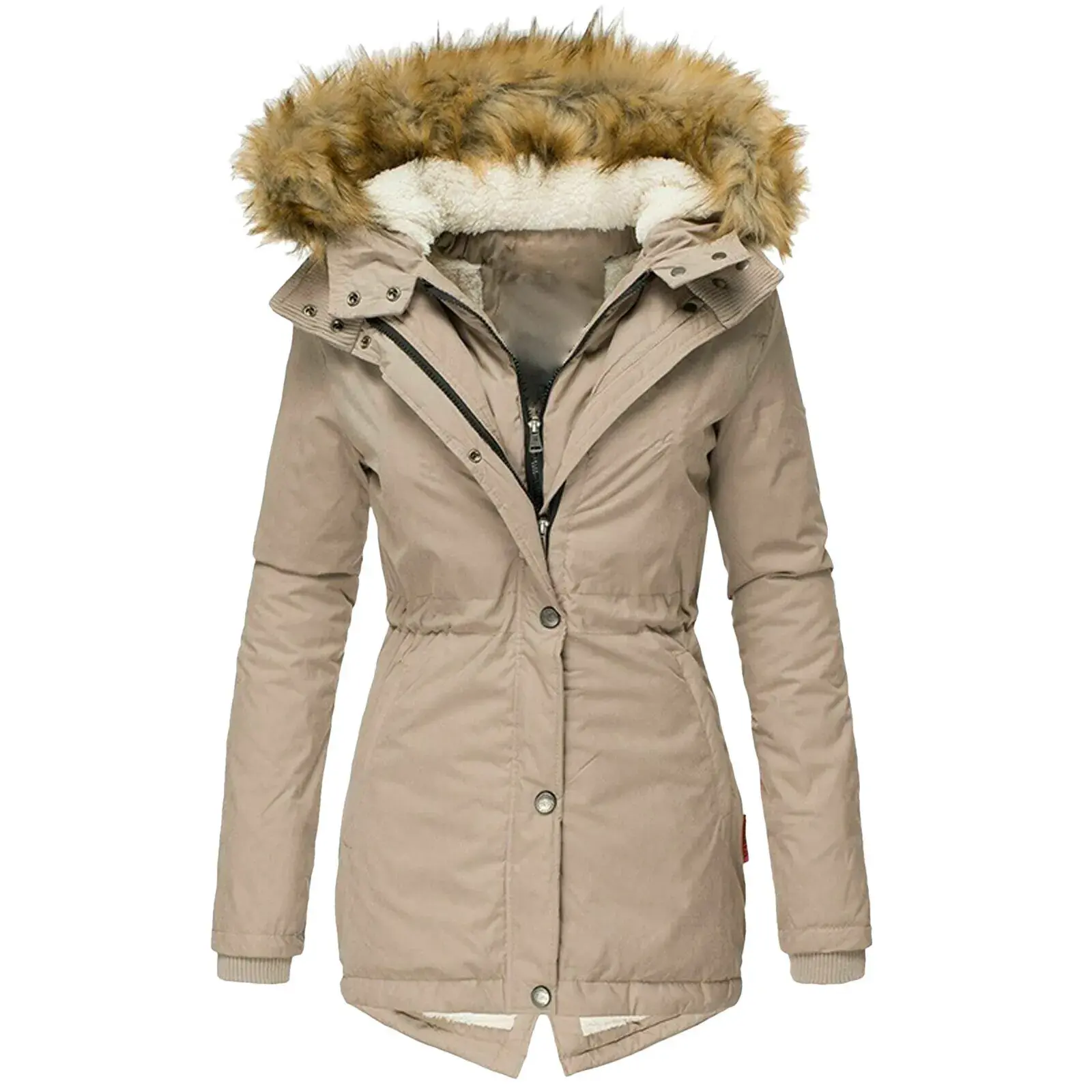Women's Winter Warm Hooded Slim Fit Cotton Jacket Long Sleeve Fur Collar Coat Zipper Closure Fashionable Outerwear W142