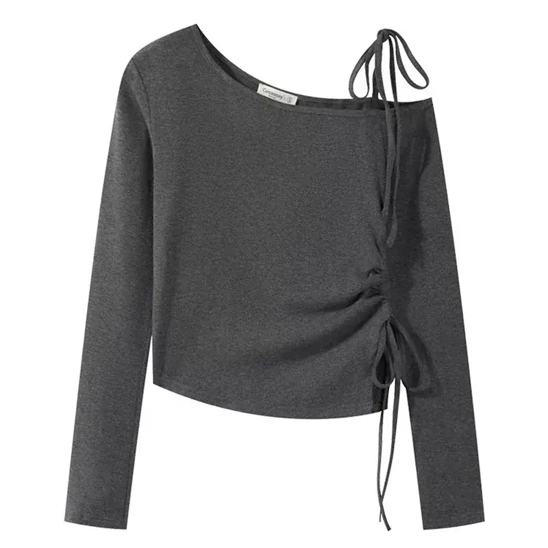 Sexy Sweet Spicy Shoulder Bared Long Sleeve T Shirt Women's Early Autumn New Irregular Belted Split Design Sensual Top
